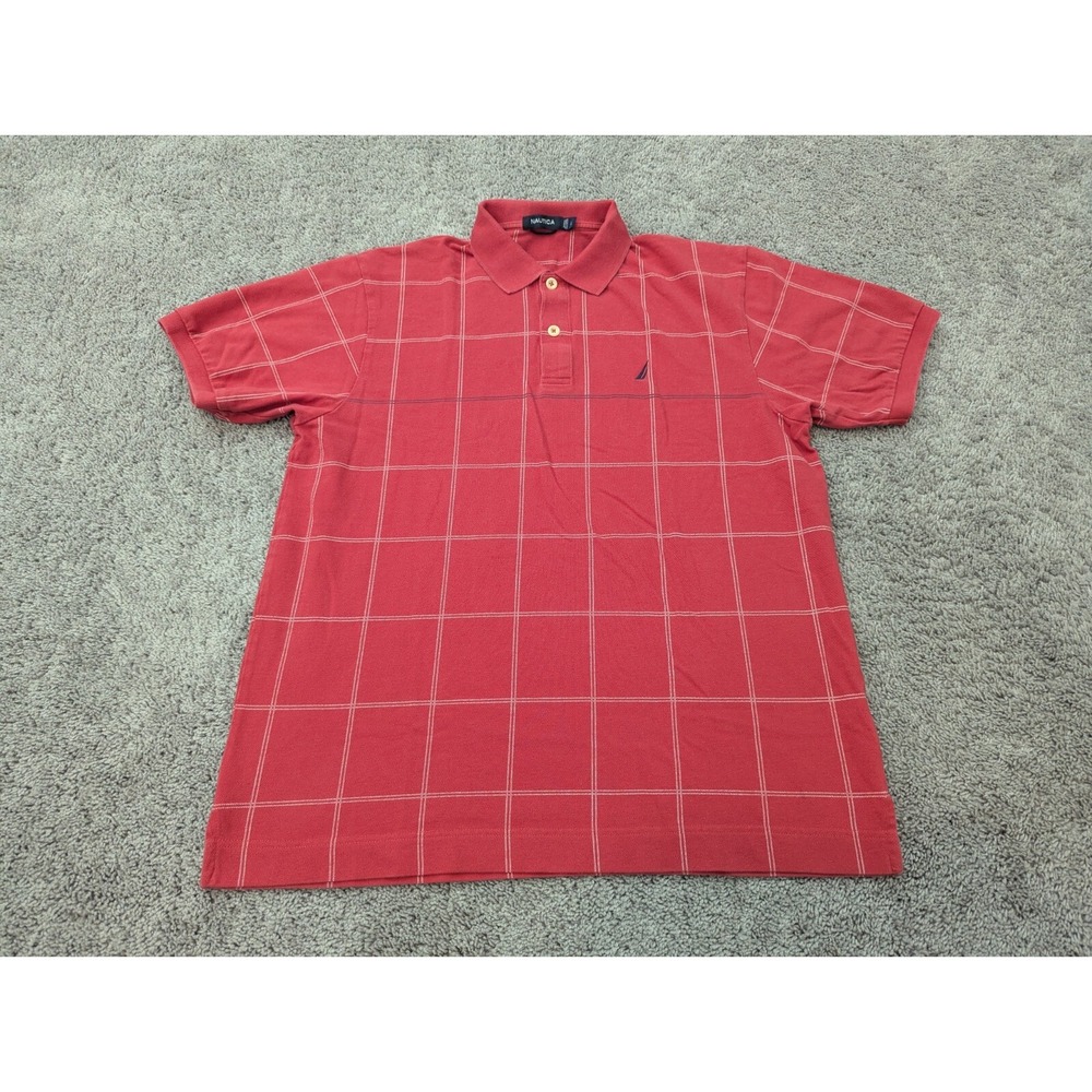 Nautica Polo Shirt Mens Large‎ Short Sleeve Check Red Golf Casual
